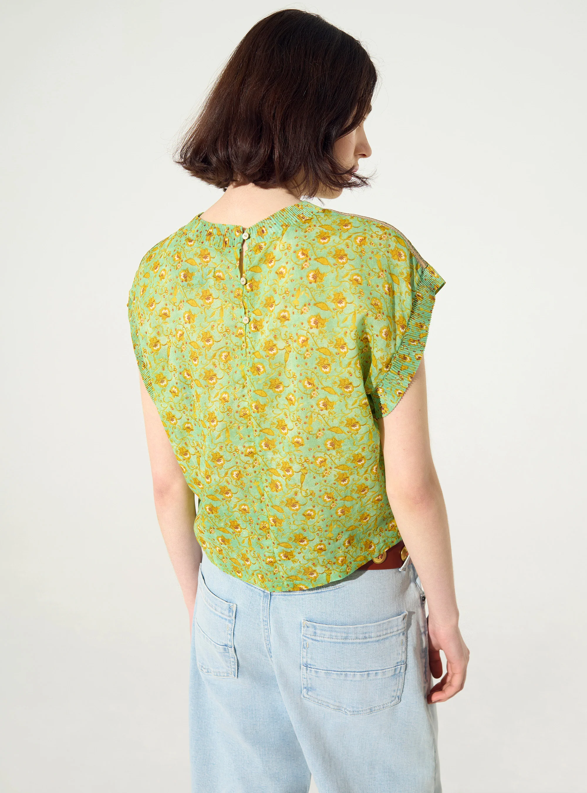Blouse ajustée plissée imprimée en coton vert - Image 5