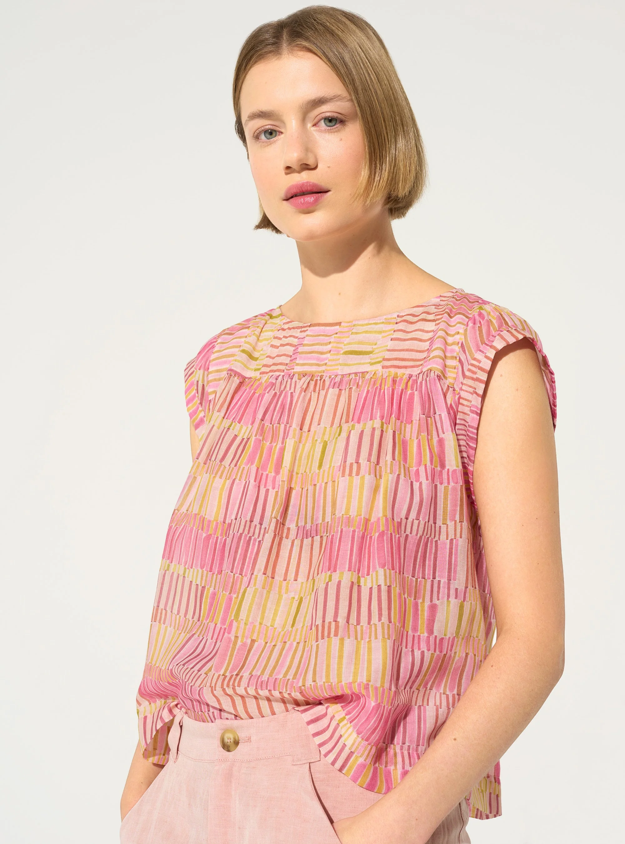 Blouse ample imprimée en coton et soie rose - Image 3