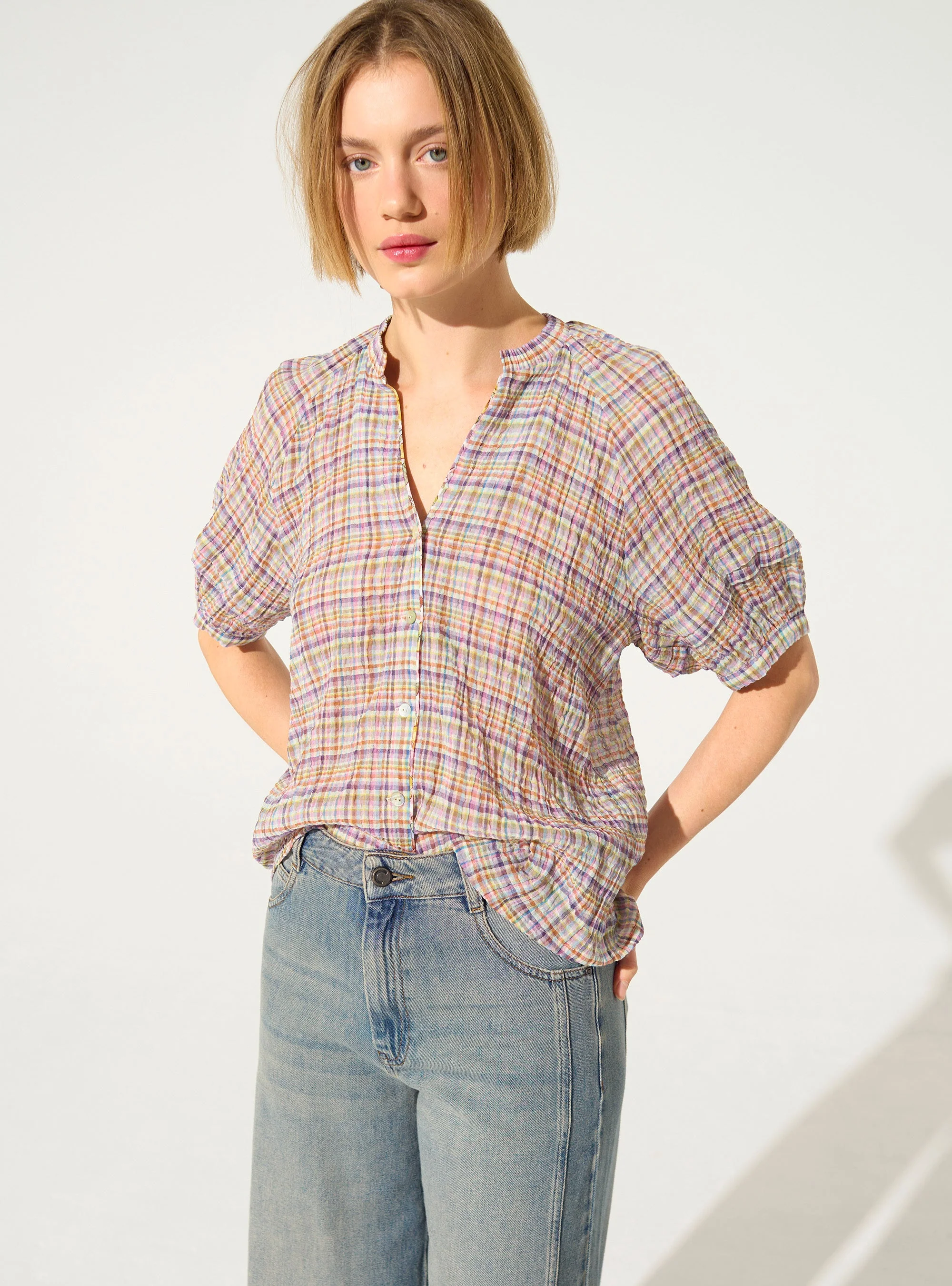Chemise droite plissée en coton violet - Image 2