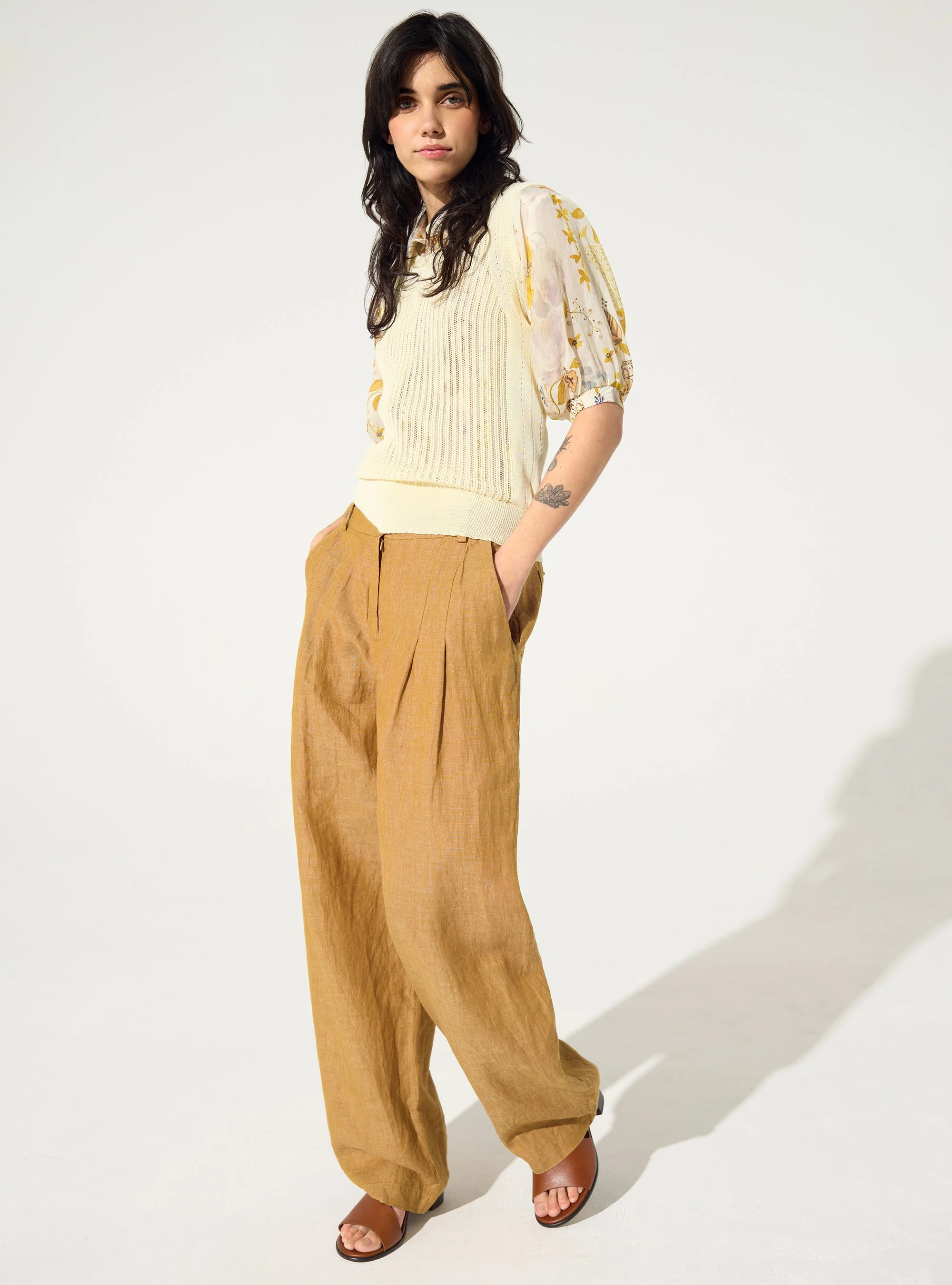 Pantalon en lin et en coton marron