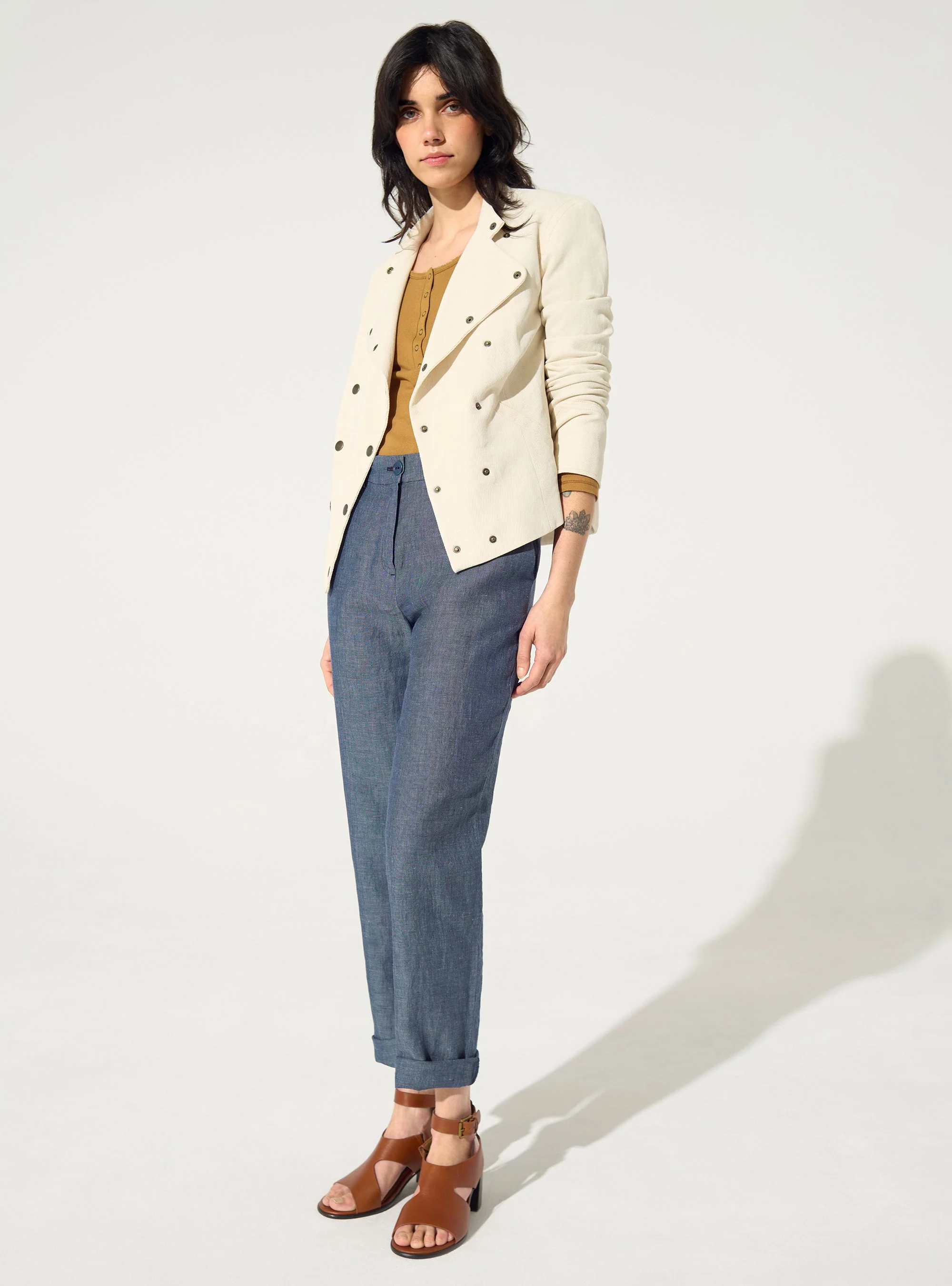 Pantalon droit en lin et coton bleu