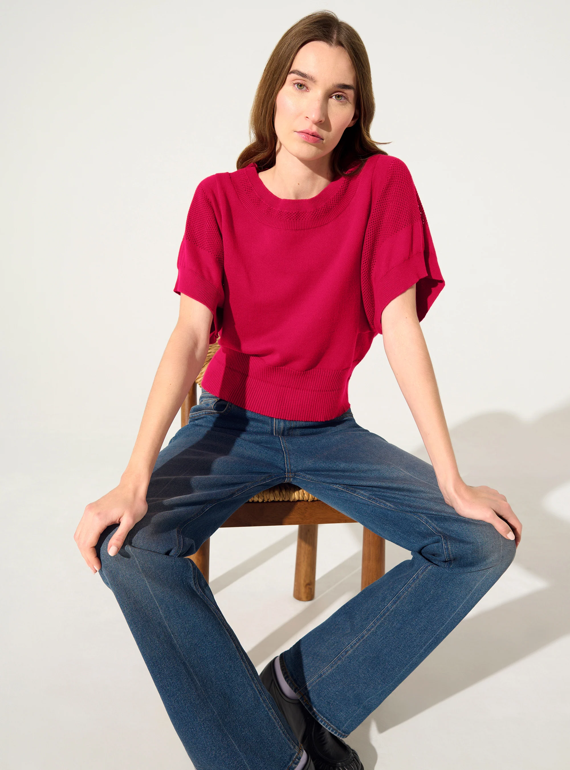 Pull manches courtes en coton et cachemire rose