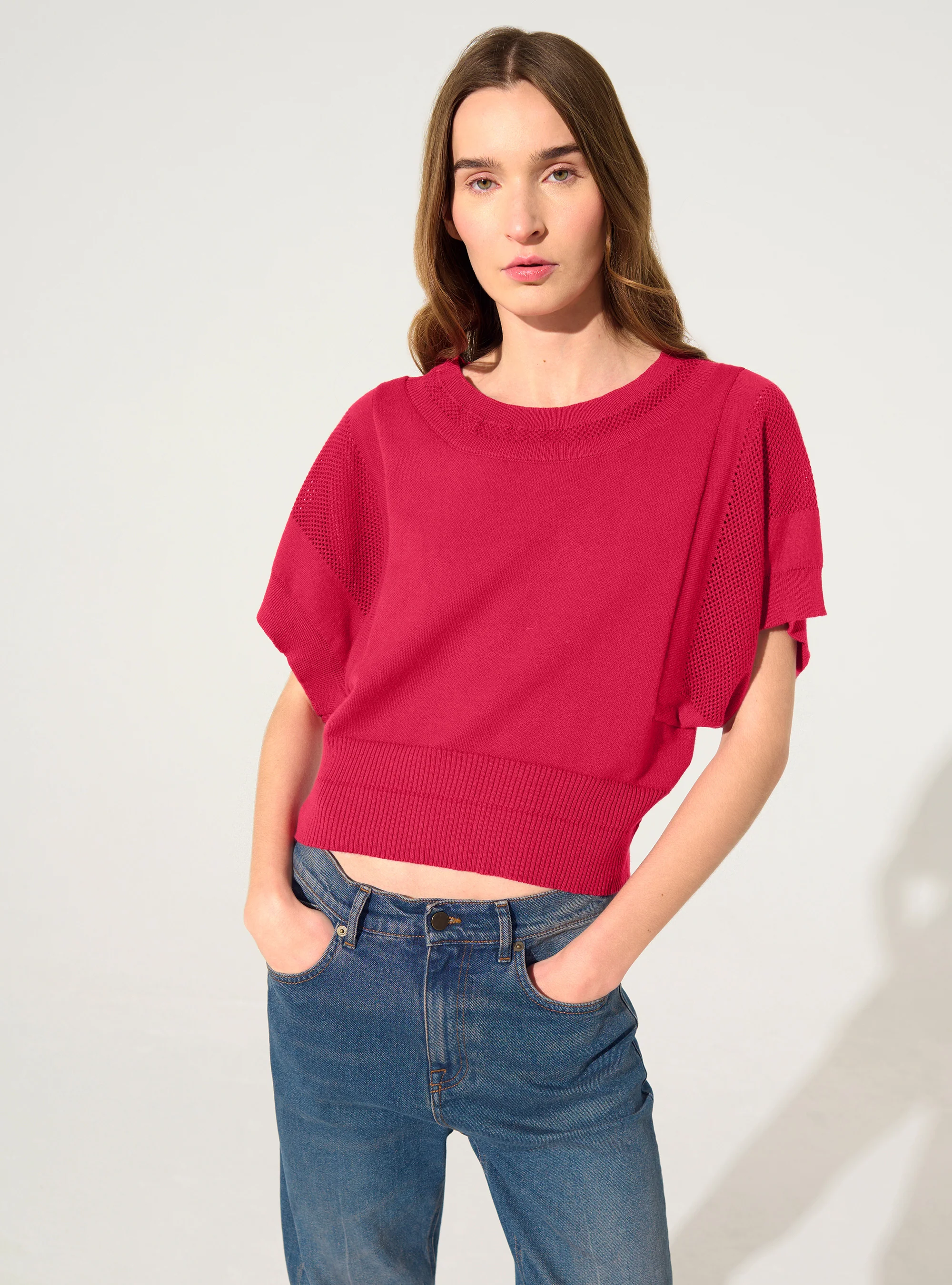 Pull manches courtes en coton et cachemire rose - Image 2