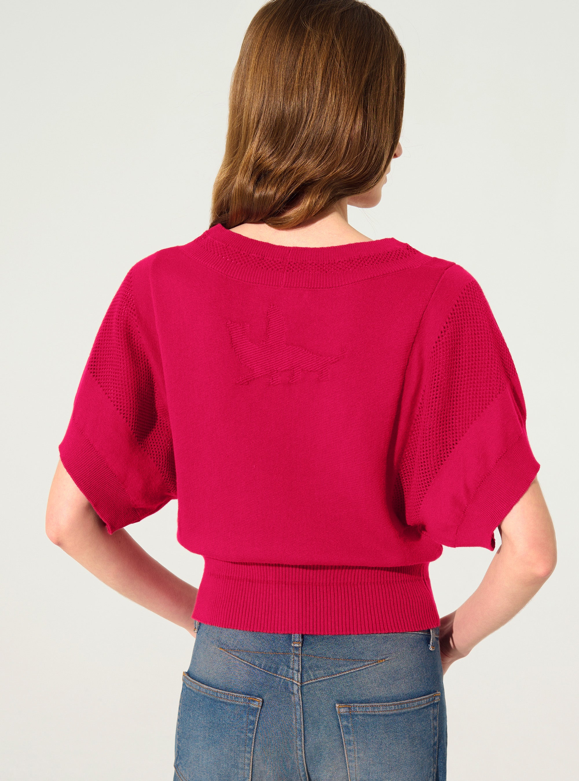 Pull manches courtes en coton et cachemire rose - Image 5
