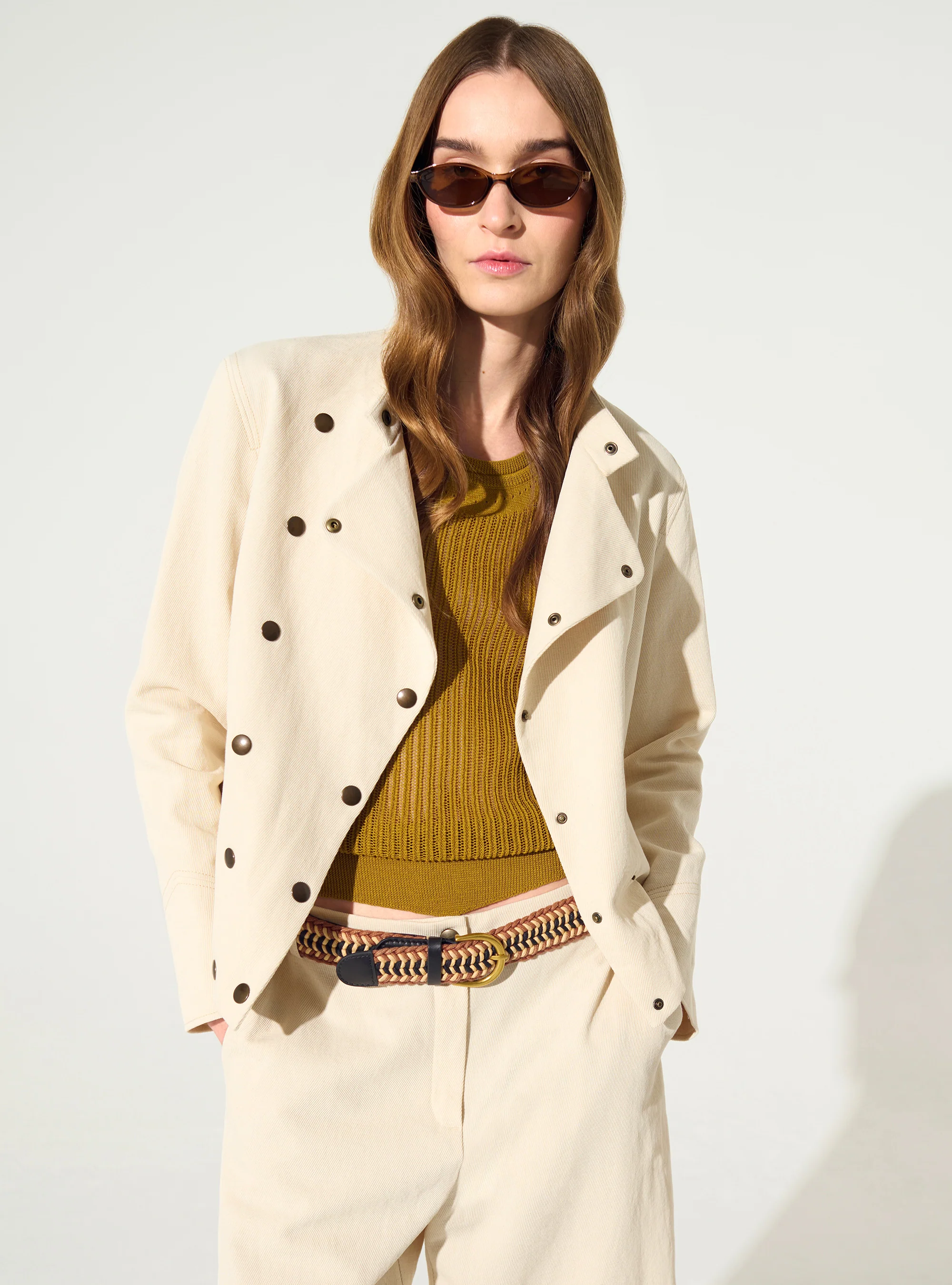 Veste ajustée imprimée en coton et lin blanc - Image 2