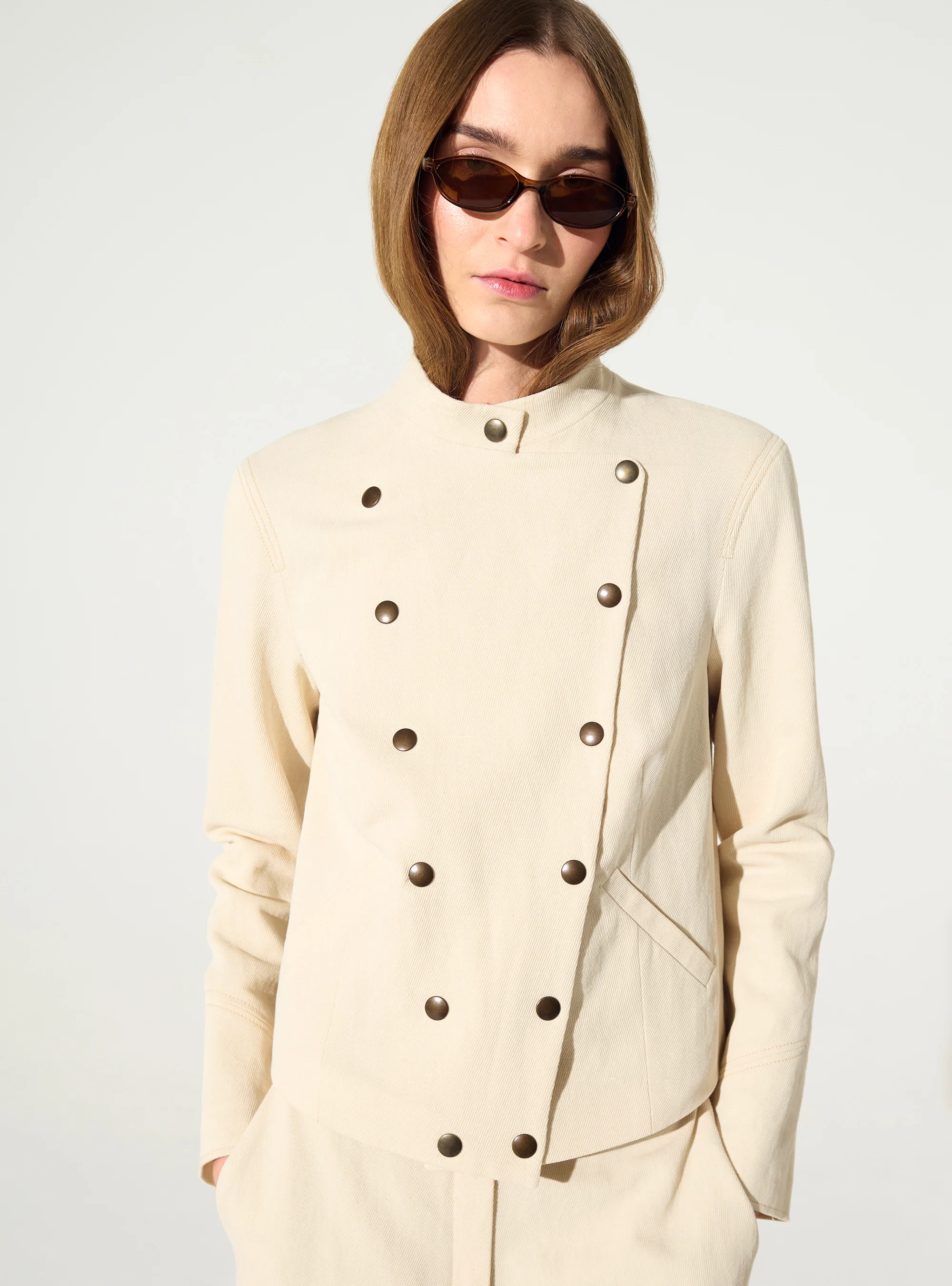 Veste ajustée imprimée en coton et lin blanc - Image 3