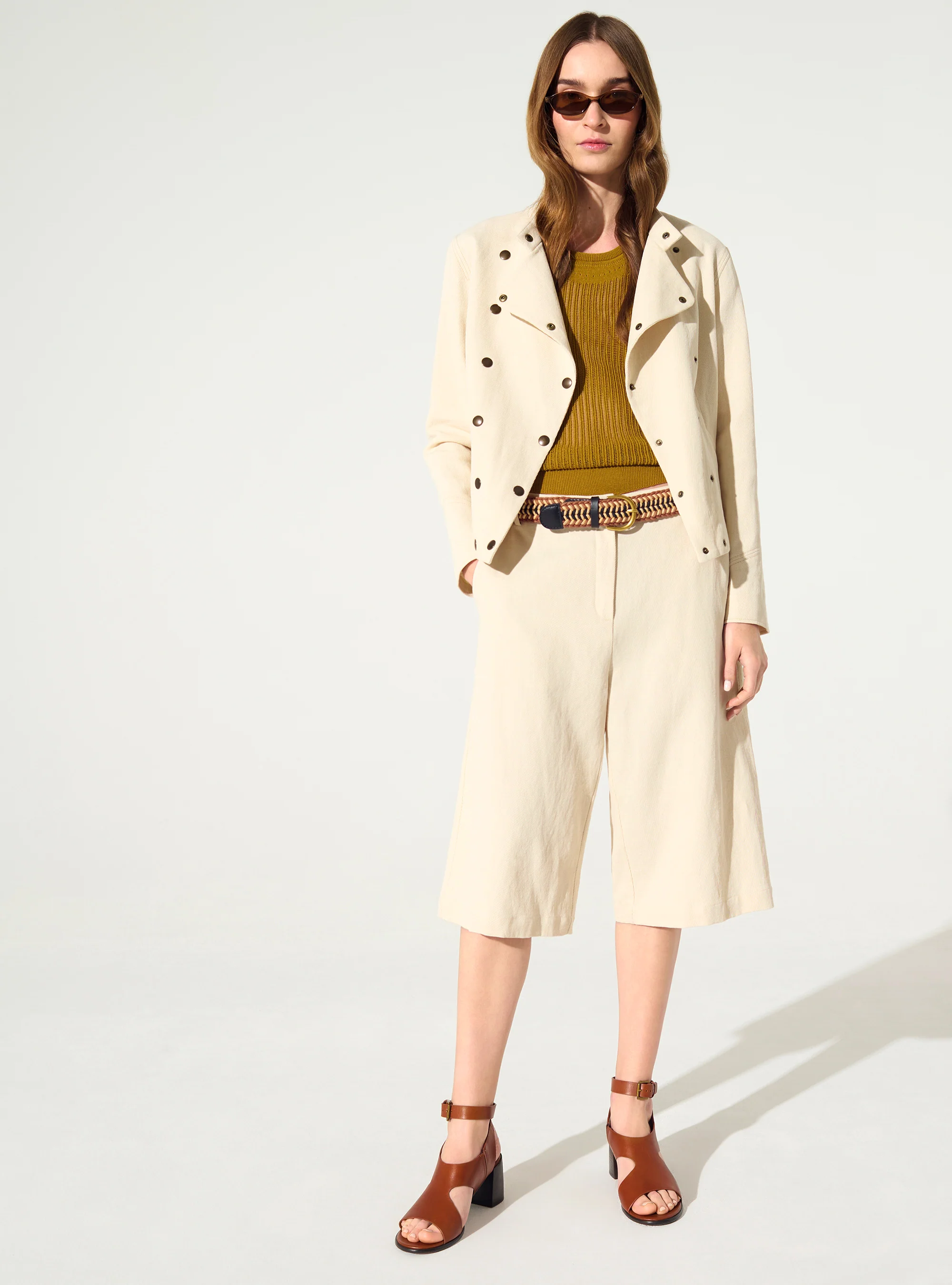 Veste ajustée imprimée en coton et lin blanc - Image 4